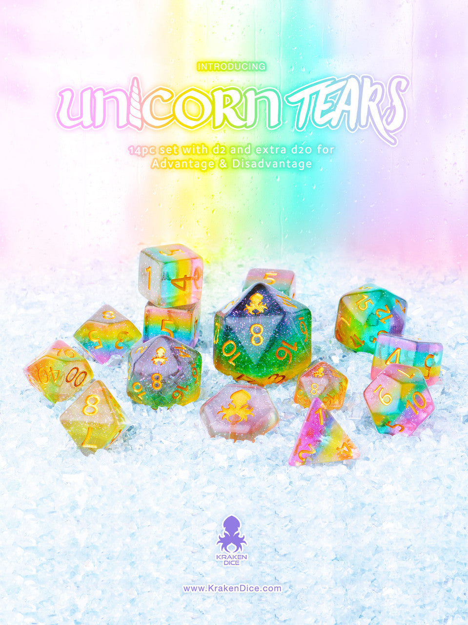 Unicorn Tears 14pc Layered Glitter Dice Set Inked in Gold